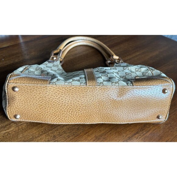 Gucci | GG Monogram Brown and Tan Canvas and Leather Nailhead Jackie Bardot Bag - Picture 6 of 13